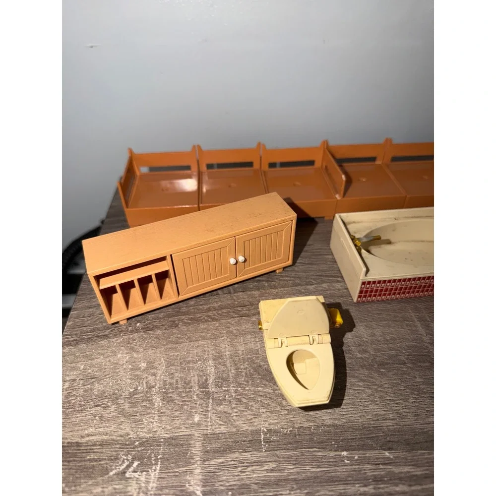 Vintage Tomy Dollhouse Furniture Lot MCM Kitchen Bathroom Dining Room 13pc Set